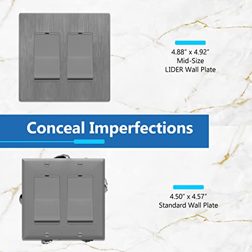 Image of LIDER Decorator Switch Cover, Screwless Wall Plate, Mid-Size 2-Gang 4.88 inch x 4.92 inch, LSWP-32M-BGY, UL Listed, Thermoplastic, Brushed Gray, 1-Pack