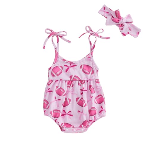 FYBITBO Summer Newborn Baby Clothes For Girls Cute Strap Romper Halter Jumpsuit Bodysuit Sleeveless Outfits Infant Clothing (Bow Football Print-Pink, 6-12 Months)