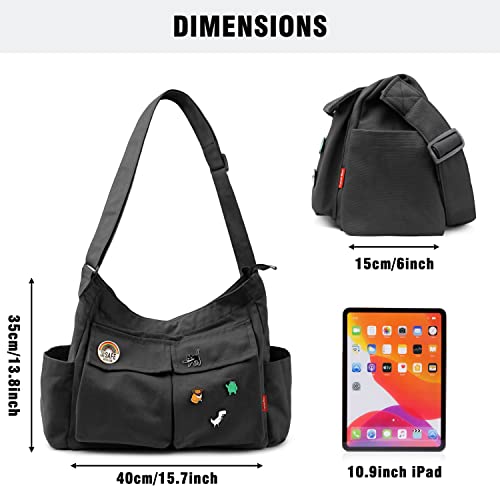 Captain Blues Canvas Messenger Bag Umhängetasche Crossbody Schulter Tote Hobo Bag für Frauen und Männer - Große Tasche mit mehreren Fächern (Schwarz)