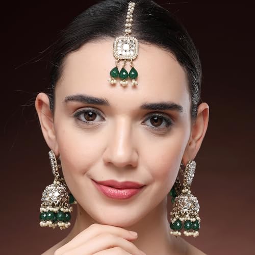 Image of ZENEME Traditional Gold Plated Kundan And Pearl Beaded Baahubali Jhumkas With Multi Layered Ear Chain Earrings for Women & Girls