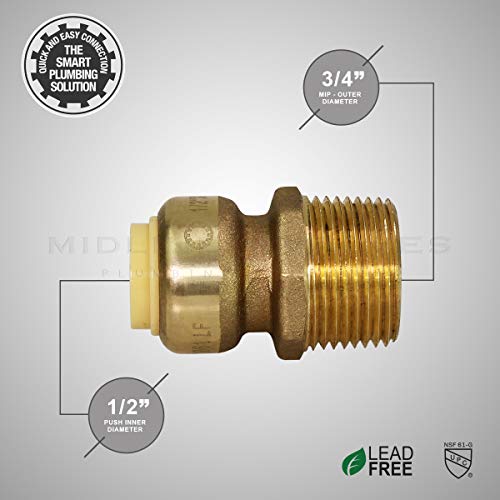 Pushlock UPMC1234 1/2 Inch x 3/4 Inch Push X Male Adapter Push-Fit Fittings,ForPEX, CPVC and Copper,