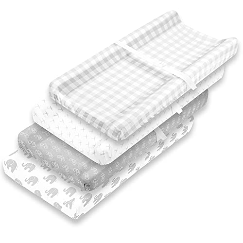 Image of Changing Pad Cover – Baby Changing Pad Covers 4 Pack – Boy or Girl Changing Pad Cover – Pure Cotton Machine Washable Grey and White Changing Table Cover – Diaper Changing Pad Cover Sheets