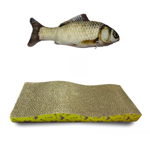 Kit 2 Brinquedos para Gatos - Arranhador Ondulado 42cm + Peixe Pelúcia 30cm
