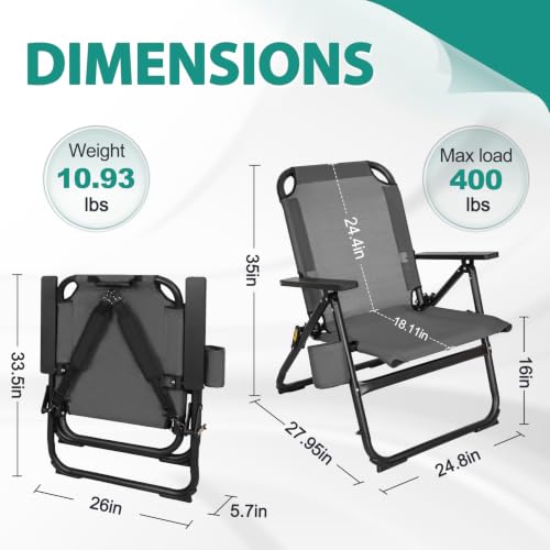 Image of Romswi Heavy Duty Folding Beach Chair with 30mm Aluminum Frame,16 inch High Seat, Lightweight for Beach, Patio & Backyard, Grey
