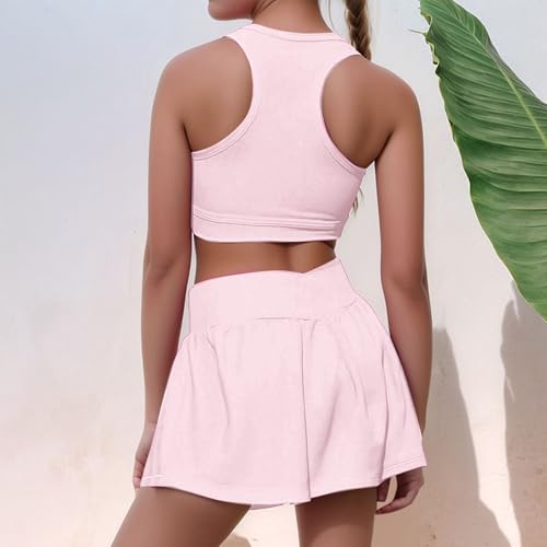 Kids Tennis Dress,Toddler Girl Athletic Dress Cheer Skirts Graduation Outfits 2 Piece Workout Outfits Crop Tank Tops And Skort Skirt Set Light Pink Small2