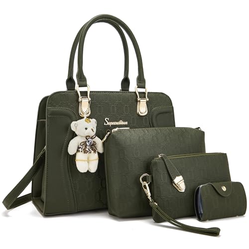 Image of Women's Fashion Handbag Tote Bag Shoulder Top Handle Satchel Purse Set 4pcs | Stylish Style,Chain Texture Design,Ample Space,Bear Doll Decoration,with a Crossbody Strap