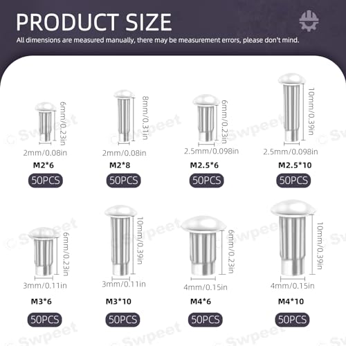 Swpeet 400Pcs Aluminium Halbrunder Kopf Solid Knulled Nieten Sortiment Kit, M2 M2.5 M3 M4 × 6mm 8mm 10mm, für Reparatur Boot, Flugzeug