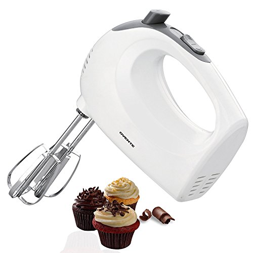 OVENTE Portable 5 Speed Mixing Electric Hand Mixer with Stainless Steel Whisk Beater Attachments & Snap Storage Case, Compact Lightweight 150 Watt Powerful Blender for Baking & Cooking, White HM151W