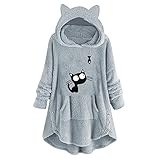 Masrin Plüsch Hoodie Damen Niedlicher Katzen Tierdruck Pullover Katzenohren Kapuzenpullover Winter Fleece Sweatshirt Bluse mit unregelmäßigem Knopfverschluss Langarm Manteloberteile Winterjacke