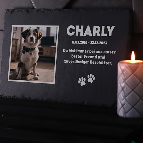 LAUBLUST Personalisierte Grabplatte mit Name & Foto als Grabschmuck für Hund, Katze & andere Haustiere - Erinnerung Motiv, 3 Größen | Schieferplatte mit Gravur als Tiergrabstein Deko & Tiere Grabtafel