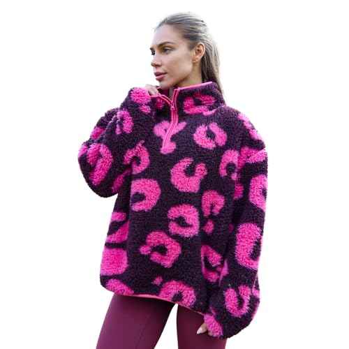 OHS Teddy Fleece Jacket Women, Abstract Leopard Print Fleece Pullover Half Zip Women Soft Cosy Warm Winter Womens Clothing Long Sleeve Casual Ladies Sweatshirt Top for Travel Hiking, Burgundy - L/XL