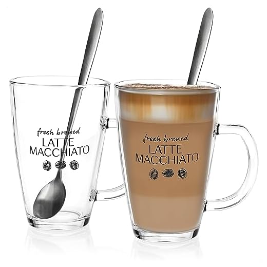 com-four® 2x Vaso Latte Macchiato - Vasos de Latte Macchiato con Cucharas Largas - Vasos de Café con Asas - Vasos para Té, Café, Chocolate Caliente