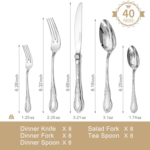 KINGSTONE Vintage Carved Silverware Set, 40-Piece 18/10 Stainless Steel Flatware Cutlery Set with Retro Royal Thick Handle, Tableware Utensils for Home, Restaurant, party, Wedding, Dishwasher Safe