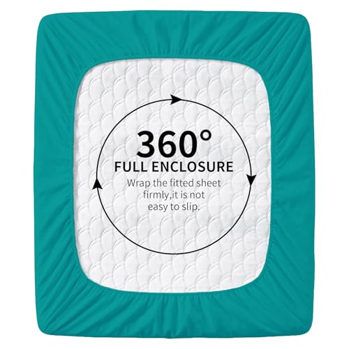 Image of HBHLFZ Full Fitted Sheet Only, Soft Breathable Bottom Sheet - 54 inchx75 inch Deep Pockets Full Size Fitted Sheet - All Around Stretch Fit, Wrinkle Resistant, Colorfast - Easy Care, Blue-Green