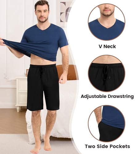 Image of NACHILA Men's Pajamas-Viscose Made from Bamboo, Short Sleeve Top with Shorts Pjs Set V Neck Sleepwear Cool Loungewear