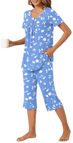 Image of Womens Summer Pajama Sets 2 Piece Short Sleeve Top and Capri Pants Plus Size Ladies Lounge Pjs Sets with Pockets