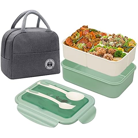 HUIIUH Bento Lunch Box with 3 Compartments 1.4L, BPA Free Leakproof Japanese Thermal Bento Box with Lunch Bag and Cutlery for Adults Kids, Insulated Lunchbox Microwave and Dishwasher Safe Cover
