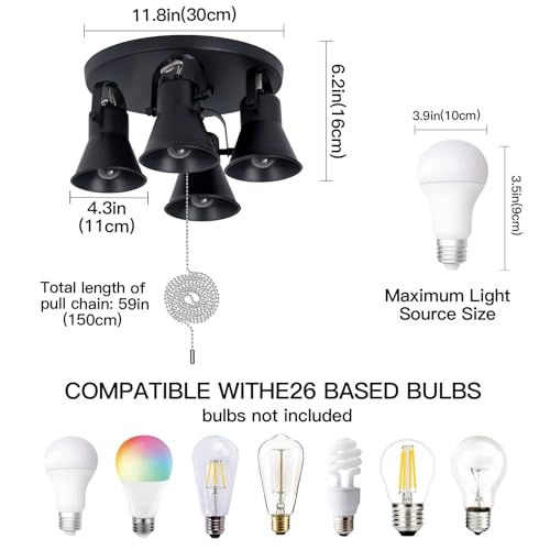 Image of 4-Light Industrial Track Lighting with Pull Chain On /Off Switch, Adjustable Round Kitchen Ceiling Light, Morden Black Flush Mount Directional Light for Kitchen, Hallway, Dining Room.