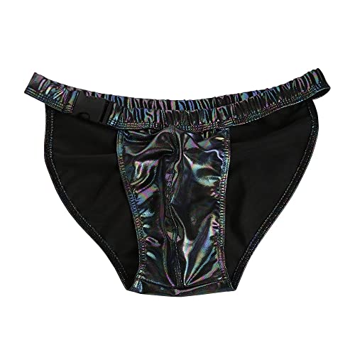 Gogobear Mens Reflective Metallic Laser Faux Leather Swim Bikini Briefs Side Snap Fastener G-String Thong with Hip Coverage