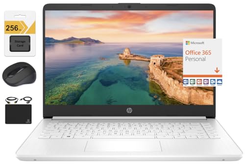 Image of HP New 14 inch HD Ultral Light Thin Laptop, Quad-Core Intel Celeron Processor, 16GB RAM, 320GB (64GB eMMC+ 256GB SD), Wi-Fi, Upto 11 Hours, Windows 11 S + 1 Year Office 365+HubxcelAccessory, White