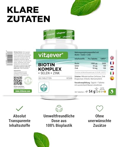 vit4ever Biotin Komplex + Selen + Zink für Haut, Haare & Nägel - 365 Tabletten - Ohne unerwünschte Zusätze -Hochdosiert - Vegan
