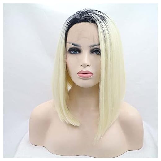 Xiweiya Peruker ombre blond kort bob syntetisk spets framsida blond peruk med Dakr rötter 613# värmebeständig fiber kort blont hår 35,56 cm