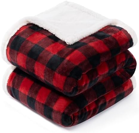 BEAUTEX Christmas Sherpa Fleece Throw Blanket, Super Soft Warm Buffalo Plaid Plush Blankets and Throws, Warm Winter Cozy Fuzzy Blanket for Couch Sofa Bed (Red, 50