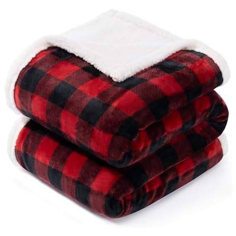 BEAUTEX Christmas Sherpa Fleece Throw Blanket, Super Soft Warm Buffalo Plaid Plush Blankets and Throws, Warm Winter Cozy Fuzzy Blanket for Couch Sofa Bed (Red, 50" x 60") Cover