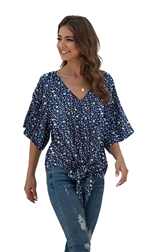 Viishow Women Bell Sleeve Shirt Tie Knot Casual Chiffon Blouses Tops, Floral Navy Blue, Medium #TOP2