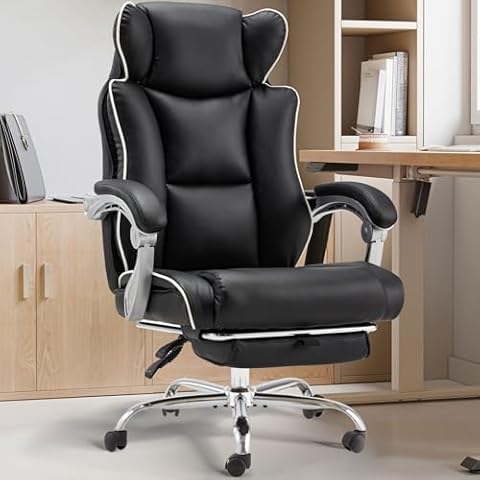 ZZWHOM Office Desk Chair with Foot Rest High Back Executive Office Chair for Heavy People PU Leather Computer Chair with Adjustable Backrest Reclining Office Chair with Lumbar Support, Black Cover