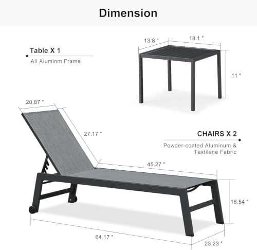 Image of PURPLE LEAF Patio Chaise Lounge Set 2 with Side Table Textilene Outdoor Lounge Chairs with Wheels Sunbathing Chair for Pool, Yard, Garden Mix Gray