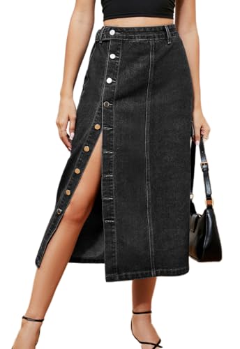 Atditama Falda cargo de sarga de algodón con múltiples bolsillos para mujer, cintura elástica, falda larga de mezclilla con bolsillos, 028 Denim Black, 18