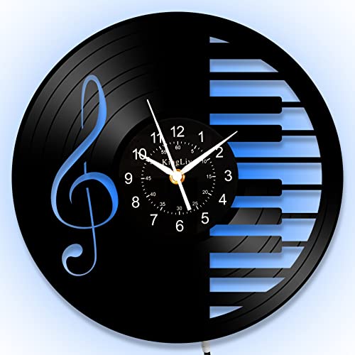 Clock made from an old vinyl recors with a print of piano keys