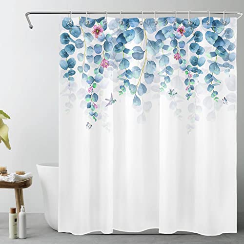 Lb Blue Green Leaves Shower Curtain For Bathroom, Spring Botanical Leaf With Purple Floral On White Background Watercolor Eucalyptus Fabric Bathroom Decor Set With Shower Curtain Hooks, 60X72 Inch #TOP13