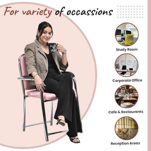 Image of GOYALSON Office Chair Visitor with arm Rest with Steel Frame and Cushioned seat Back Chair Without Wheels Chair (3, Pink, Heavy 1)