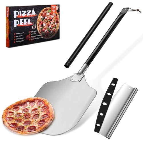 Pizza Peel Aluminum Pizzas Spatula (12 Inch), Joyfair Long Handle Metal Pizza Paddle with Cutter Rocker Pizza Oven Accessories Turning Tool Kit, Commercial Grade (Extent length 38.5’’ to 49’’)