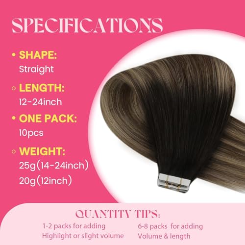 Image of Ve Sunny Hair Tape in Hair Extensions Human Hair Balayage | Hair Tape Extensions,10 Pieces for Targeted Volume,Black Balayage Brown with Ash Blonde,for Prom Party,12Inch 20g 10Pcs