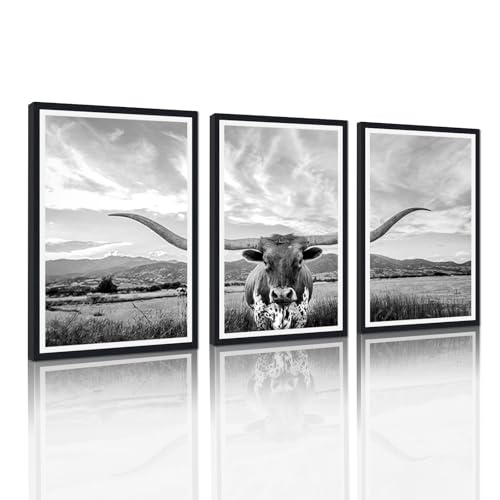 Western Cow Black Framed Canvas Wall Art Funny Highland Cow Rustic Art Poster Wall Decor Vintage Grey Animal Artwork for Country Apartment Living Room Bedroom Decor Easy to Hand 24x36inchx3pcs
