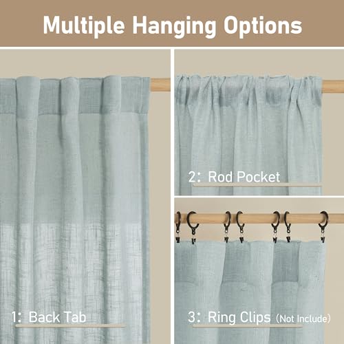 LAMIT Linen Curtains 108 Inches Long for Living Room, Back Tab and Rod Pocket Linen Textured Sheer Curtains Light Filtering Curtains for Boho Farmhouse, 2 Panels, 52 x 108 Inch, Greyish Blue