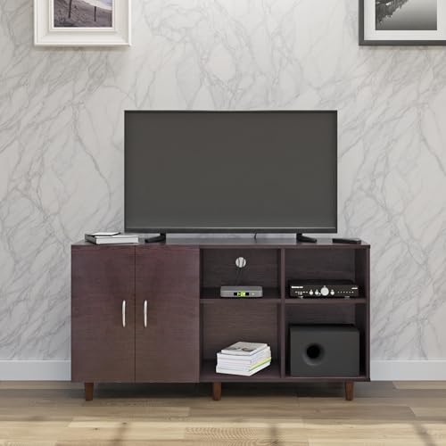 Image of VIKI Modern TV Unit for Living Room | Engineered Wood TV Cabinet with 2 Door Storage & 2 Open Shelves, Set Top Box Stand, Entertainment Unit, 140W x 74H x 40D cm | DIY | 1 Year Warranty (Wenge)