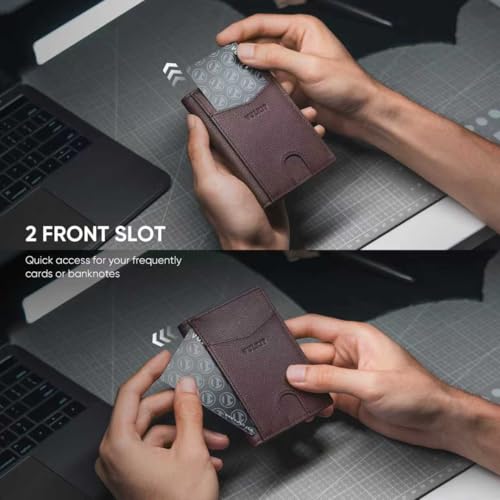 Image of VULKIT Bifold Front Pocket Slim Wallet RFID Blocking Minimalist Thin Genuine Leather Credit Card Holder Wallet for Men and Women Litchi Espresso