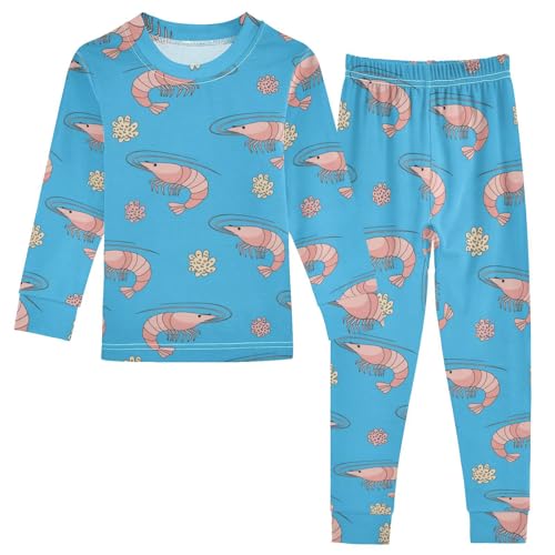 Pajama Sets Long Sleeve Shrimp Pattern on Blue Soft Comfy Sleepwear 2 Piece PJS 3-8T