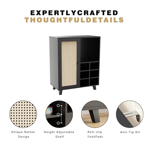 Casaphoria Rattan Buffet Cabinet with Storage, Sideboard Cabinet with Door and Adjustable Shelves, Farmhouse Coffee Bar Station Table for Kitchen, Livingroom and Dining Room, Black by Casaphoria - Image 3