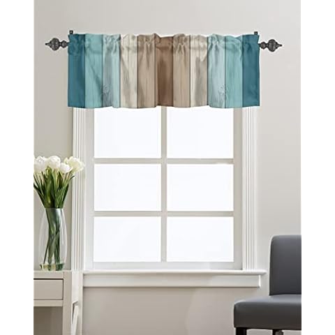 Valances Curtain for Kitchen Cafe,Farmhouse Retro Wooden Plank Window Valance 1 Panel Short Curtains 42x12In Rod Pocket Windows Treatment Drape for Living Room Bedroom Brown Khaki Teal Color Gradient Cover