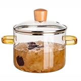 Glass Cooking Pot - 2L/67oz Glass Saucepan Heat-Resistant Borosilicate Glass Handmade Cookware Set stovetop Pot - Safe for Pasta Noodle, Soup, Milk (1500ml - Yellow handle with wooden bead lid)
