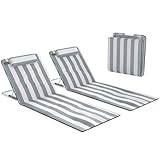 Outsunny Set of 2 Foldable Garden Beach Chair Mat Lightweight Outdoor Sun Lounger Seats Adjustable Back Metal Frame PE Fabric Head Pillow w/Carry Bag, Light Grey