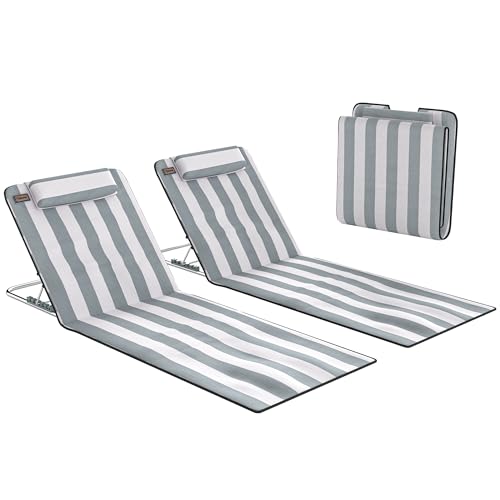 Image of Outsunny Set of 2 Foldable Garden Beach Chair Mat Lightweight Outdoor Sun Lounger Seats Adjustable Back Metal Frame PE Fabric Head Pillow w/Carry Bag, Light Grey