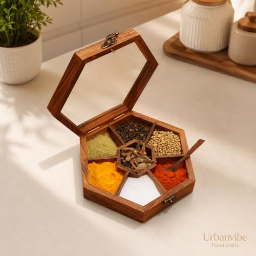 Image of Wooden Spice Box with 7 Compartments | Handmade Masala Dabba for Kitchen Storage | Premium Wooden Spice Organizer with Transparent Glass Lid | Multipurpose Storage Box