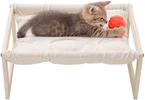 Cat Bed, Elevated Cat Beds for Indoor Cats, Freestanding Wooden Cat Hammock with Washable Cushion, 19.7 X 15.7 Inch Soft Lifted Warm Sleeping Bed for Kitty, Puppy, Rabbit and Small Pets