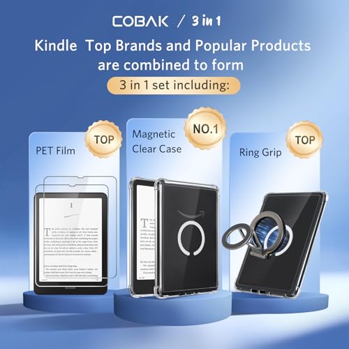 Image of CoBak 3 in 1 Magnetic Clear Case with Ring Grip & Anti-Glare Screen Protector for 7 inch Kindle Paperwhite 2024 (12th Gen) & Colorsoft, Compatible with iPhone MagSafe, for Belkin /Anker Wireless Charging.